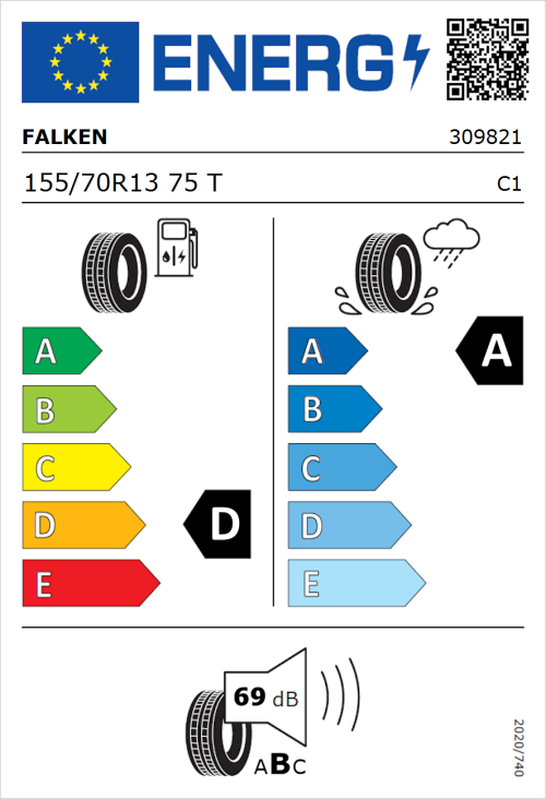 Tyre Label for Falken Sincera SN832 Ecorun 155/70R13 75T