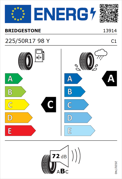 Tyre Label for Bridgestone Turanza T005 225/50R17 98Y