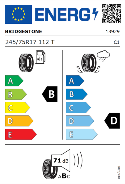 Tyre Label for Bridgestone Dueler H/T 685 245/75R17 112T