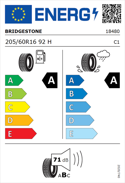 Tyre Label for Bridgestone Turanza T005 205/60R16 92H