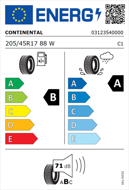 Tyre Label for Continental UltraContact 205/45R17 88W