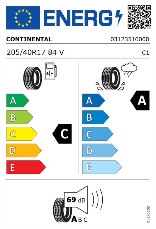 Tyre Label for Continental UltraContact 205/40R17 84V