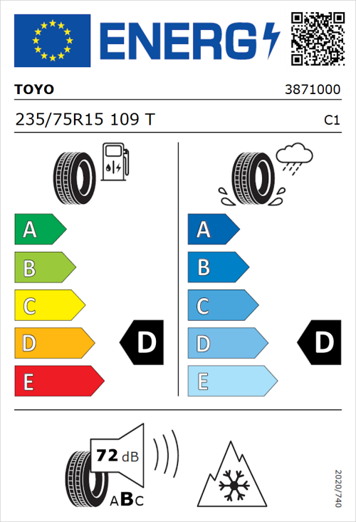 Tyre Label for Toyo Open Country ATIII 235/75R15 109T
