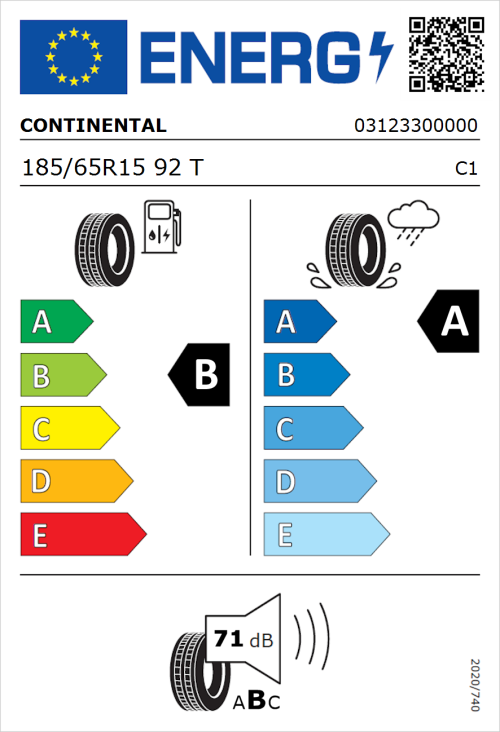Tyre Label for Continental UltraContact 185/65R15 92T