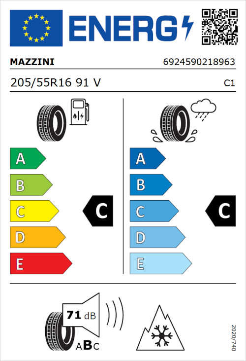 Tyre Label for Mazzini Versat-AS8 205/55R16 91V