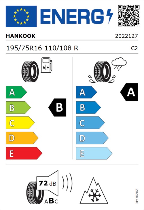 Tyre Label for Hankook Vantra Transit (RA58) 195/75R16 110/108R