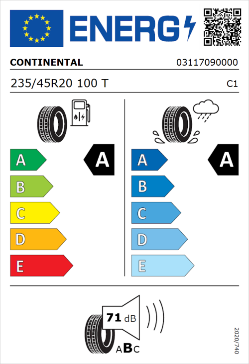 Tyre Label for Continental EcoContact 6Q 235/45R20 100T