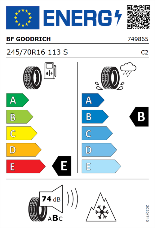 Tyre Label for BF Goodrich All Terrain T/A KO2 RWL 245/70R16 113S